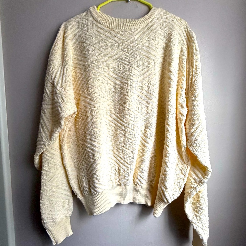 Vintage 80s The Fox Collection Textured Yellow & Cream Cotton Sweater XL USA